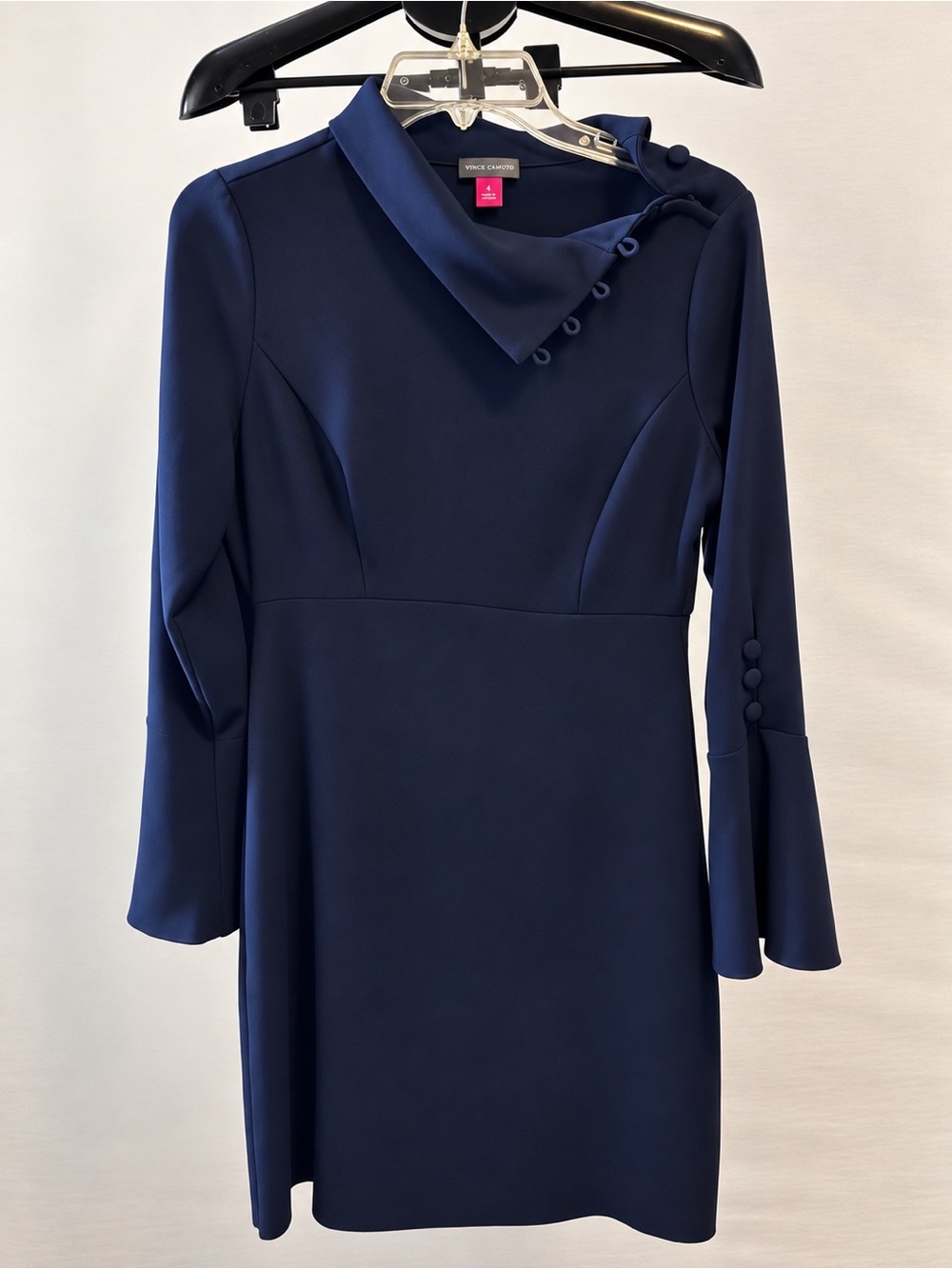 Vince Camuto Navy Long-Sleeve Shift Dress with Buttoned Asymmetrical Collar